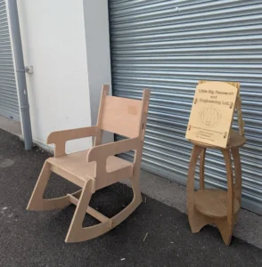 Modular rocking chair with sustainable frame, designed for small spaces and playful motion